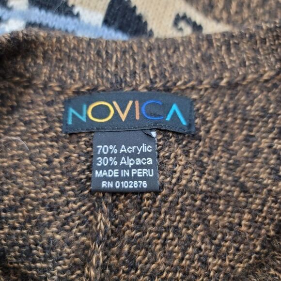 Novica Alpaca Geometric Knit Peruvian Caplette Poncho Shawl in Heathered Brown - Picture 7 of 9